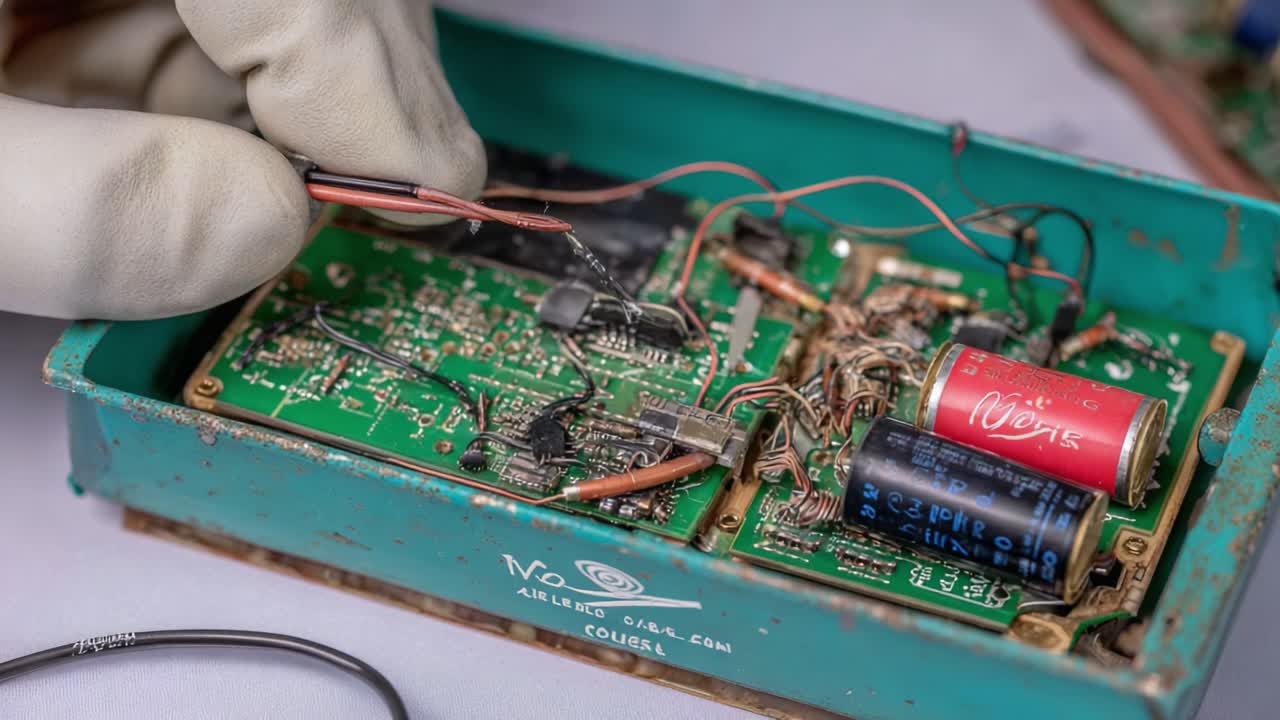 Esame ravvicinato di una scheda elettronica con cablaggio e componenti intricati, evidenziando le complessità delle tecniche di riparazione e manutenzione elettronica.