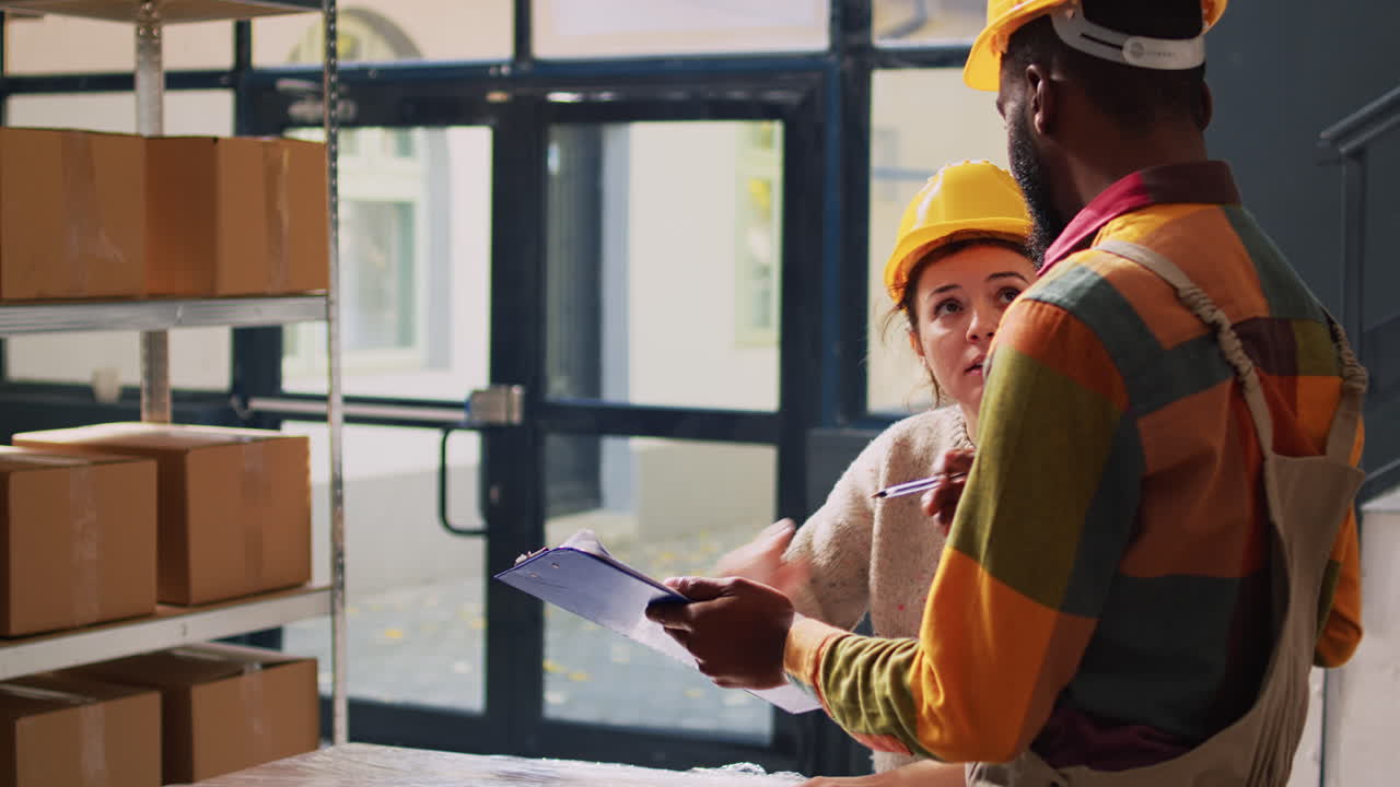 Warehouse workers inspect packages on clipboard