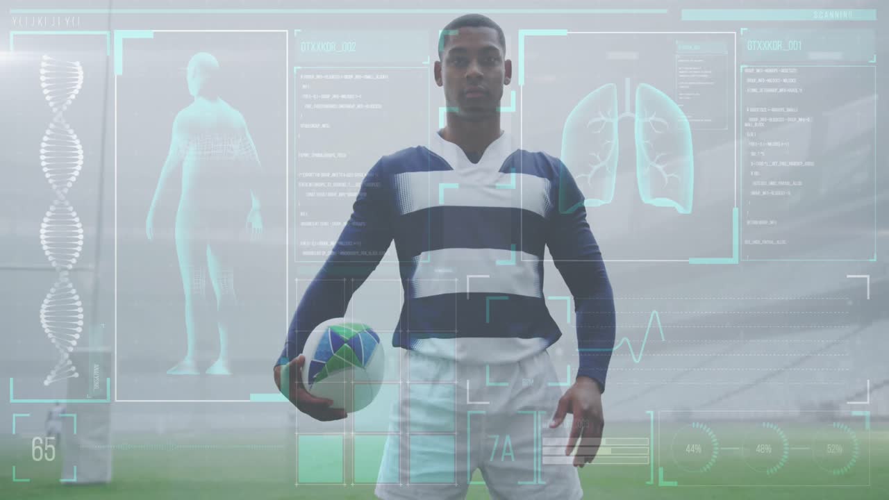 Animation of digital interface with medical data processing over rugby players