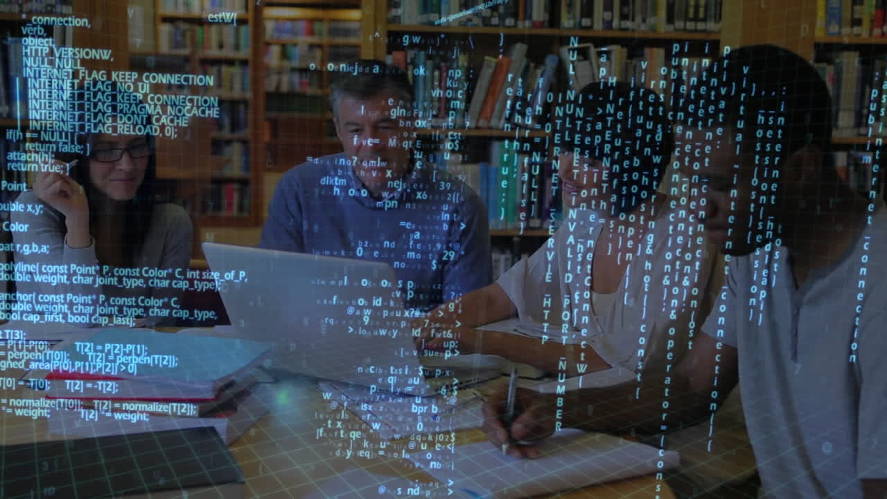 Animation of students sitting in a library with their teacher over data processing in the background