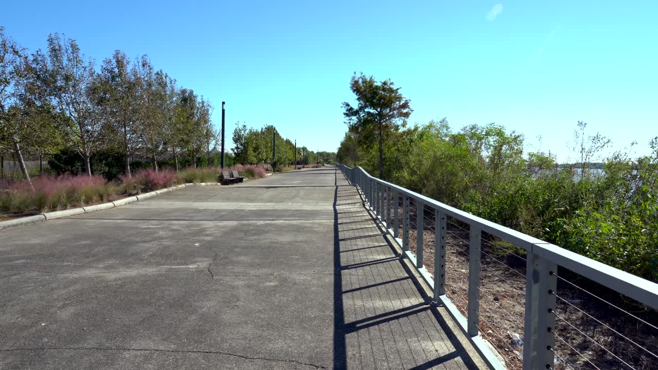 Paved jogging path along a river bordered by trees on a serene sunny day