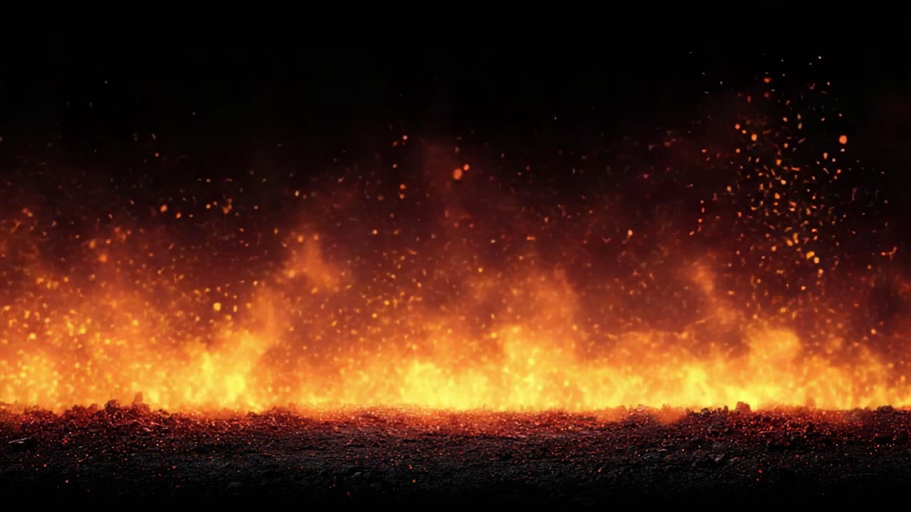 Dynamisk og intens opblussen af glødende gløder, der stiger op fra jorden, og som fanger flammernes rå energi og kraft mod en mørk baggrund.
