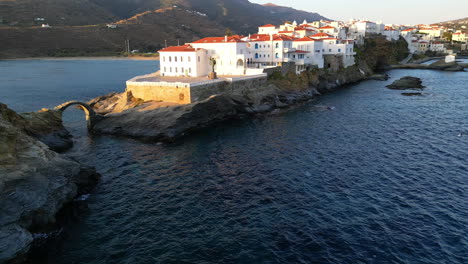 Aerial-view-video-of-iconic-Andros-island-chora,-Cyclades,-Greece