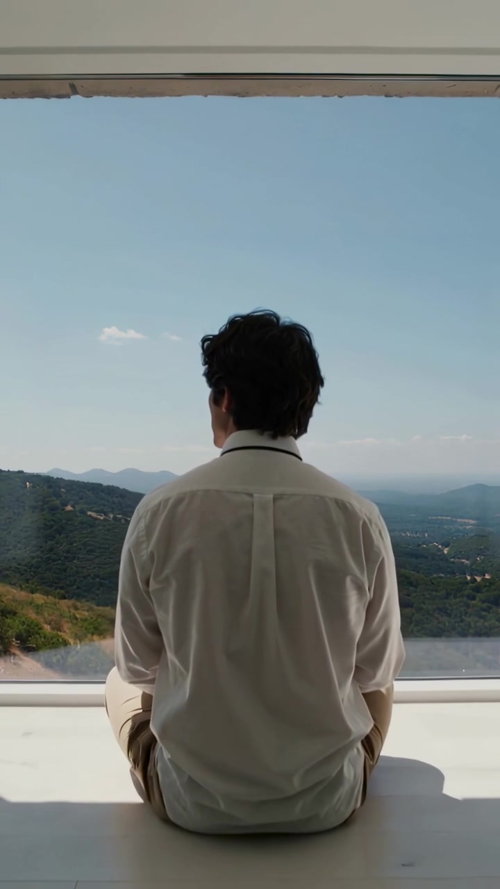 Vertical video: Daylight drawing man in white shirt adjusting, gazing on window ledge at hills