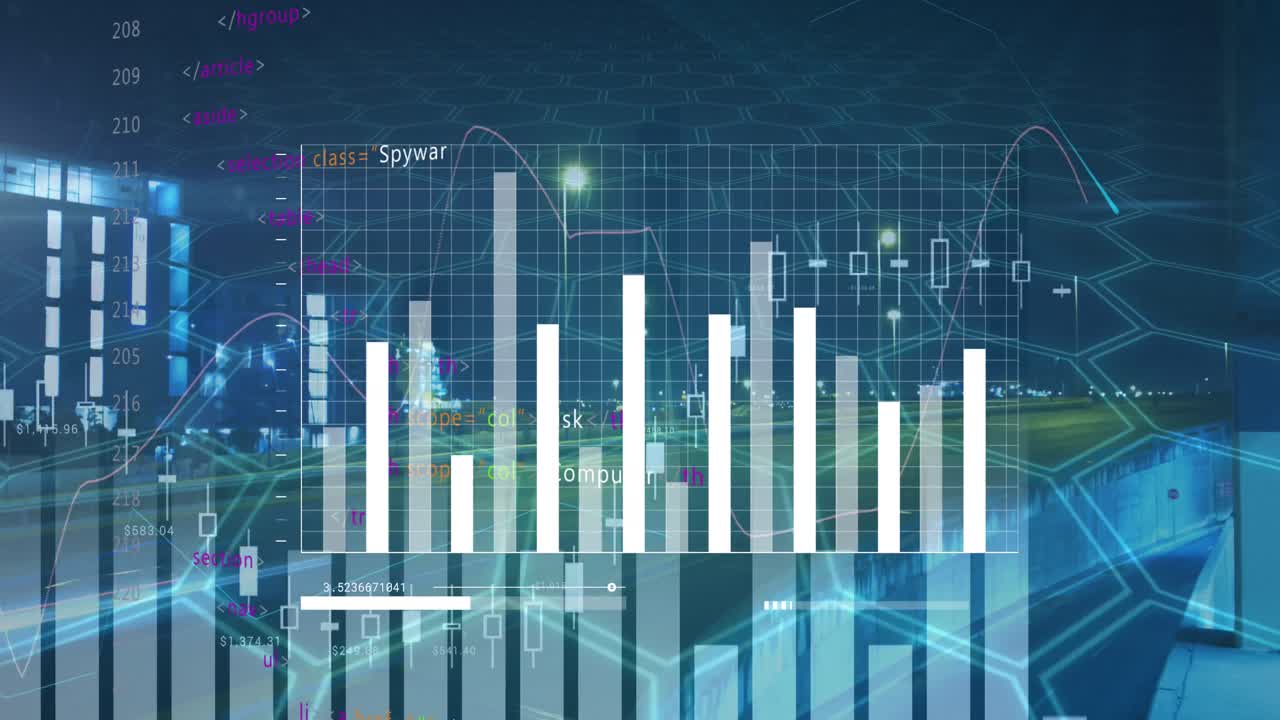 Animation of data processing and statistics over cityscape