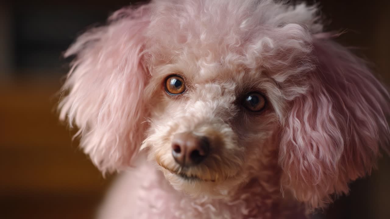 Un barboncino rosa con soffice pelo riccio catturato in primi piani dettagliati che ne mostrano gli occhi espressivi e l'affascinante personalità in un ambiente caldo
