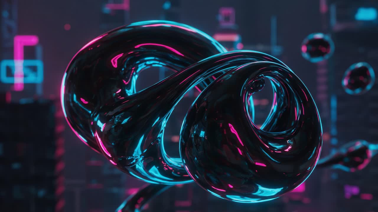 Futuristic Abstract Design Featuring Fluid Shapes in Neon Colors Against a Dark Urban Background, Highlighting a Visually Striking 3D Form Demonstrating Motion and Depth
