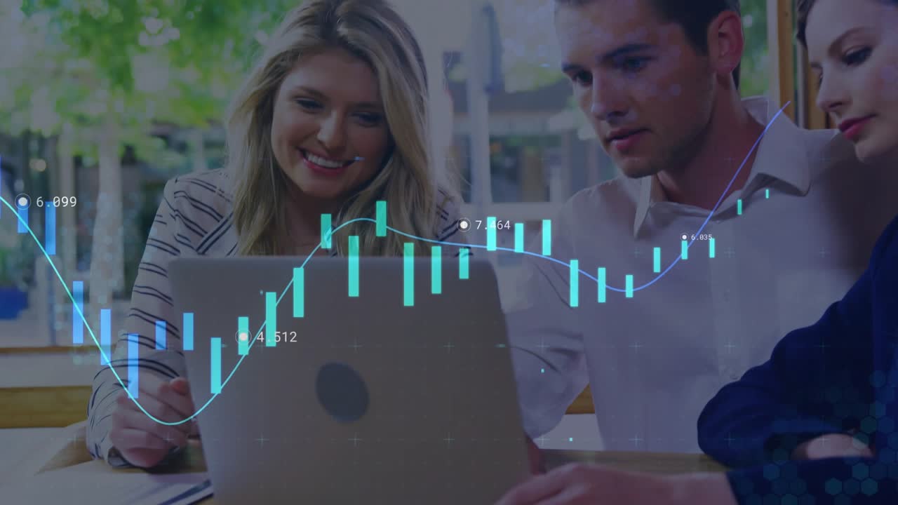 Business team tapping laptop trackpad in cafe shifting financial chart overlay and analyzing data