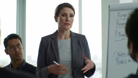 a professional woman leads a business meeting, presenting project management strategies to a team in a stylish downtown office. participants engage actively, contributing to the discussion.