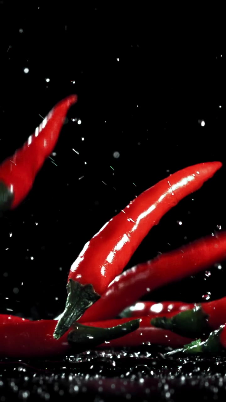 Slow Motion Red Chili Peppers Falling onto Wet Black Surface