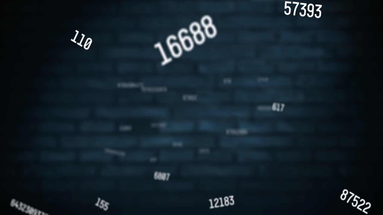 composición digital de múltiples números cambiantes flotando contra la pared de ladrillo en el fondo