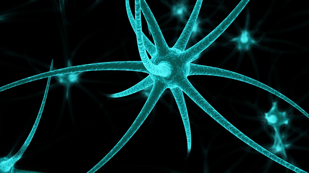 las células neuronales de neón en el fondo negro. animación lopable 4k