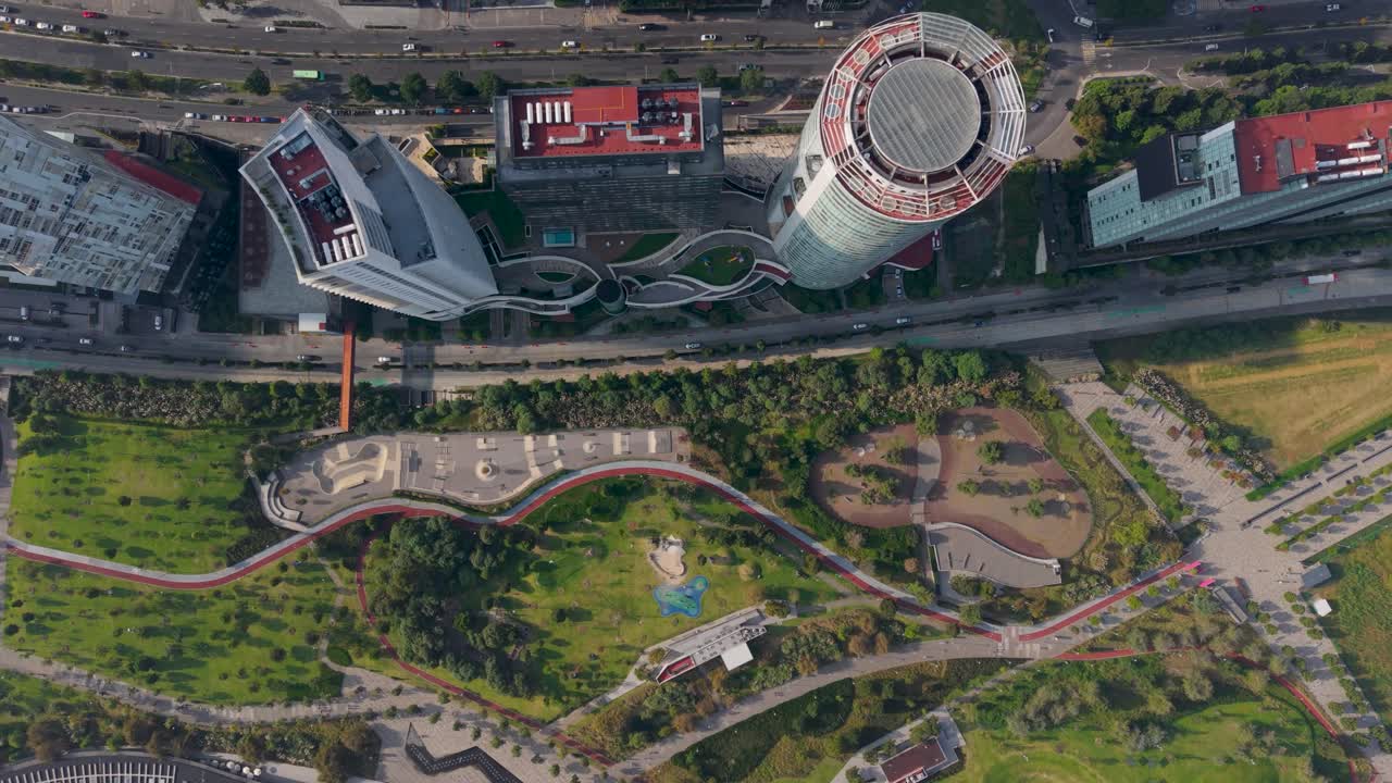 Top-down drone footage showing Santa Fe business area, CDMX