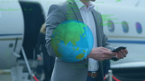 animación del globo y procesamiento de datos sobre personas de negocios que usan teléfonos inteligentes en avión