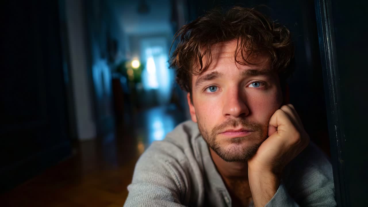 A contemplative young man gazes thoughtfully, resting his chin on his hand, in a softly lit hallway, reflecting a moment of introspection and emotion