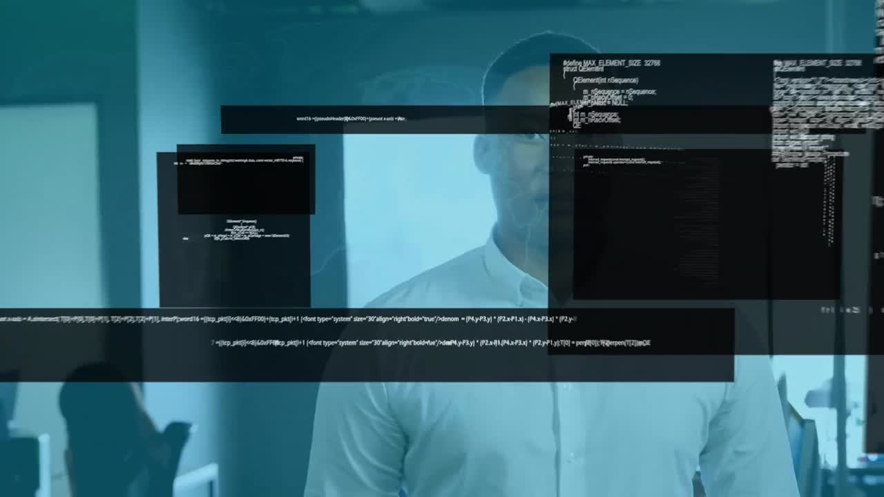 animación del globo y procesamiento de datos en pantallas sobre el hombre de negocios