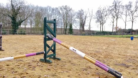 female jockey training her pony in the paddock, galloping and jumping over hurdles