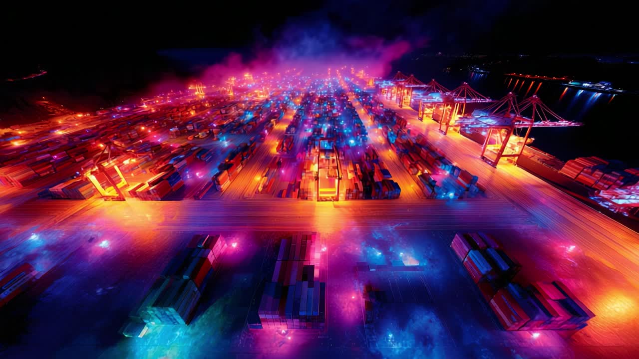 Aerial View of an Illuminated Container Terminal at Night, Showcasing Vibrant Colors and Dynamic Lighting Patterns, Highlighting the Complexity of Modern Logistics Operations