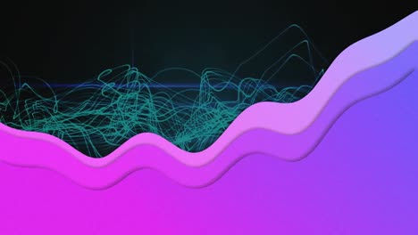 Animation-of-networks-of-connections-over-purple-waves-on-black-background