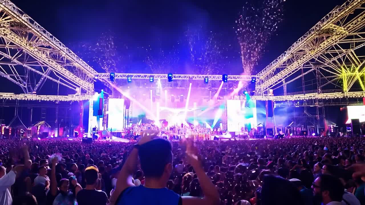 A large crowd at a concert with a stage lit up and confetti falling from the sky