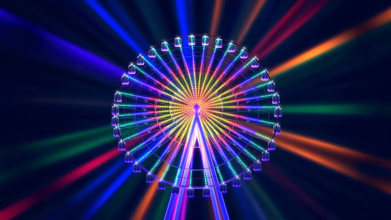 Noria frontal iluminada por anillos LED concéntricos y luces de radios radiales, con detalles brillantes en el cubo y el borde que envían vívidos haces de arcoíris hacia un cielo azul marino profundo para una llamativa atracción nocturna