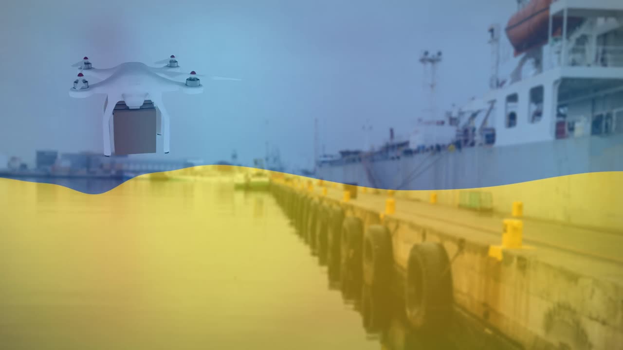 우크라이나의  ⁇ 발 위에 상자를 가진 드론의 애니메이션