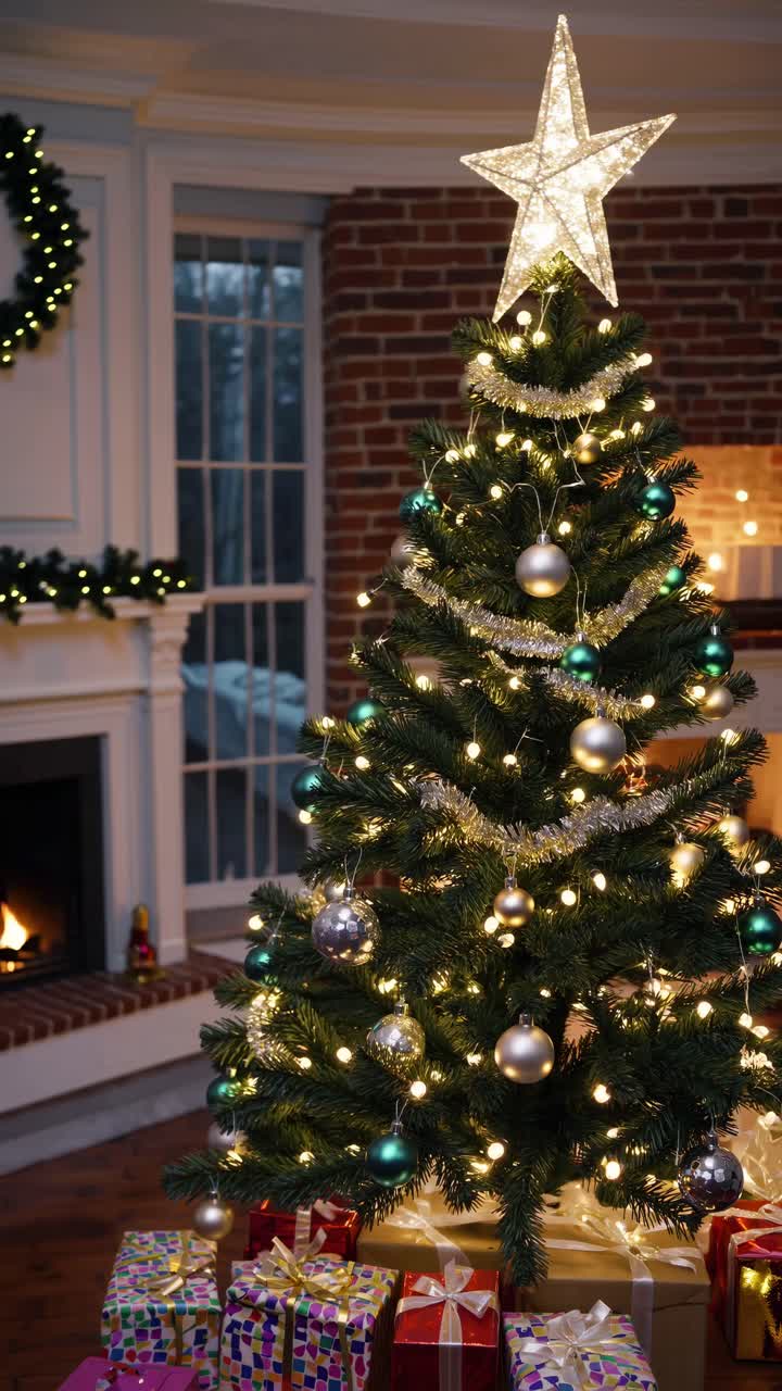 A cozy Christmas scene with a decorated tree, shot from a low angle