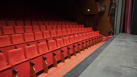 wide view of empty theater hall with red seats