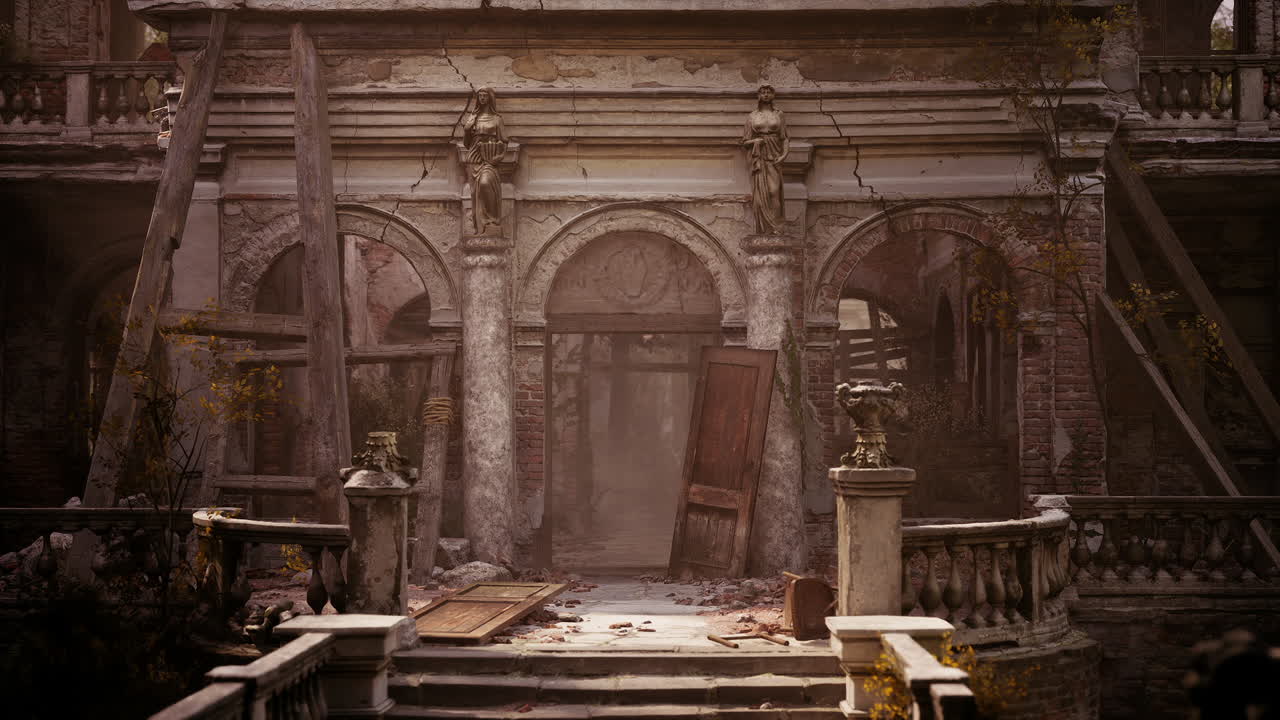 Ancient style grand hall in decay with scattered leaves and damage