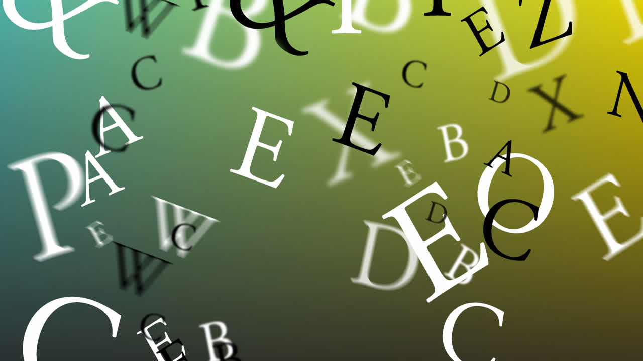 Animation of english alphabets floating against yellow and green gradient background
