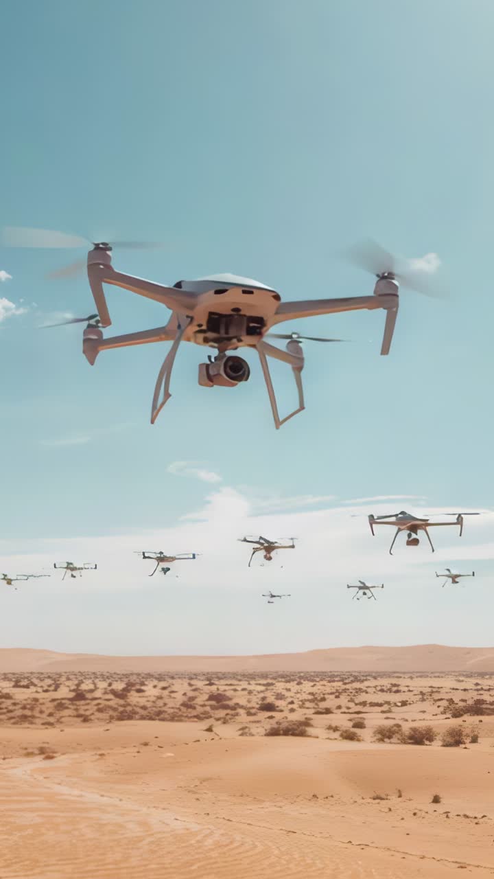 Vertical video: Emerging gimbal camera drone racing to lens in desert, hovering, retreating to map