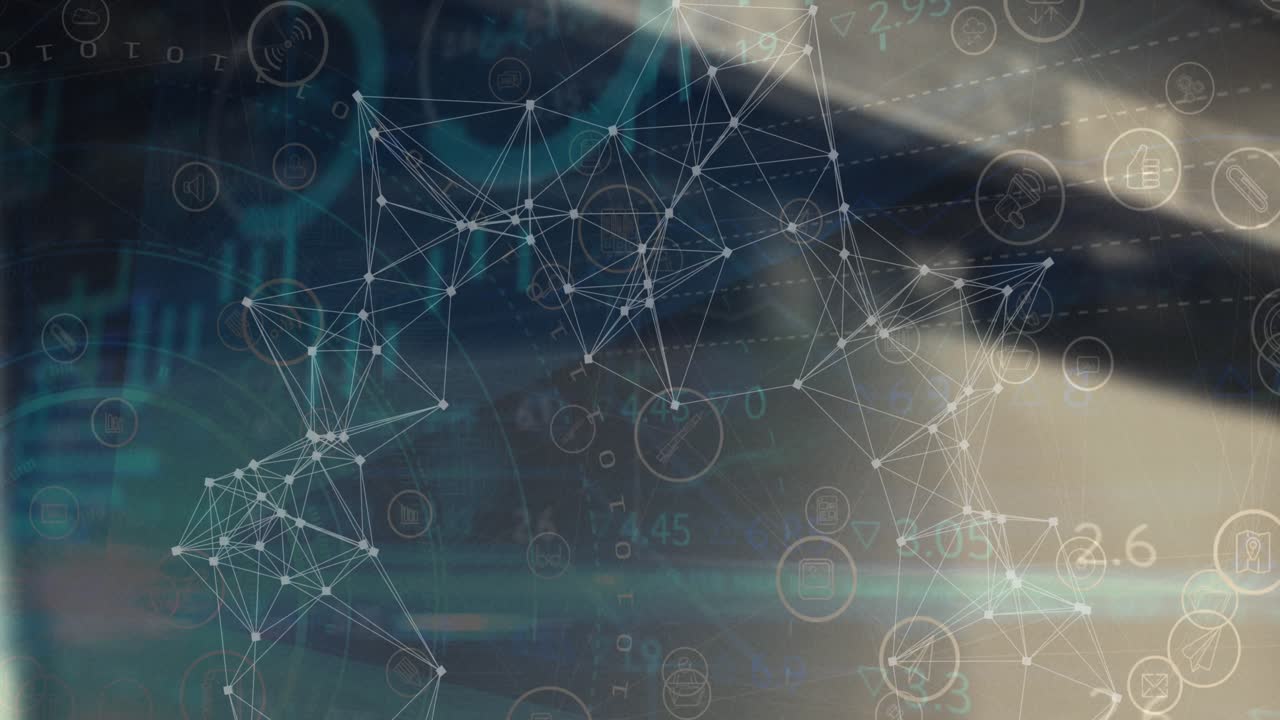 Animation of network of connections with icons over blurred background