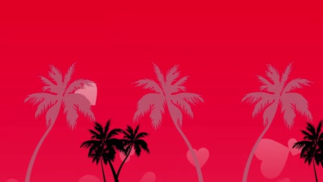 animation of palm trees and hearts over red background