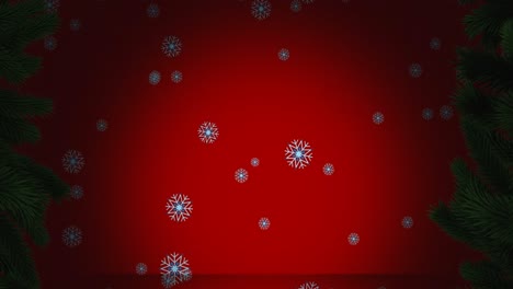 Christmas-tree-branches-and-snowflakes-icons-falling-against-red-background