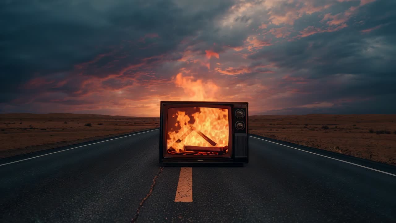 Embers igniting fire inside vintage TV set intensifying over desert road at sunset emitting smoke