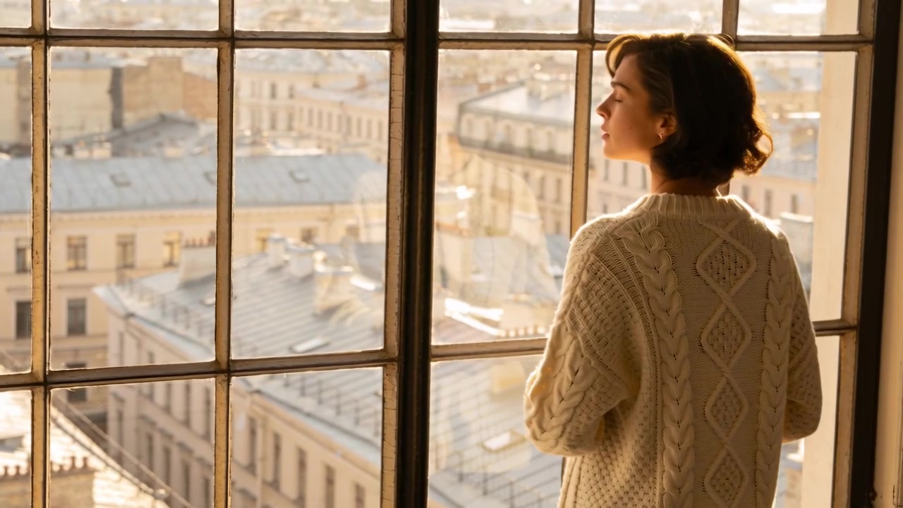 Donna che si gira, reagendo alla luce del sole mentre osserva i tetti da una finestra dell'appartamento, maglione, spazio per il testo