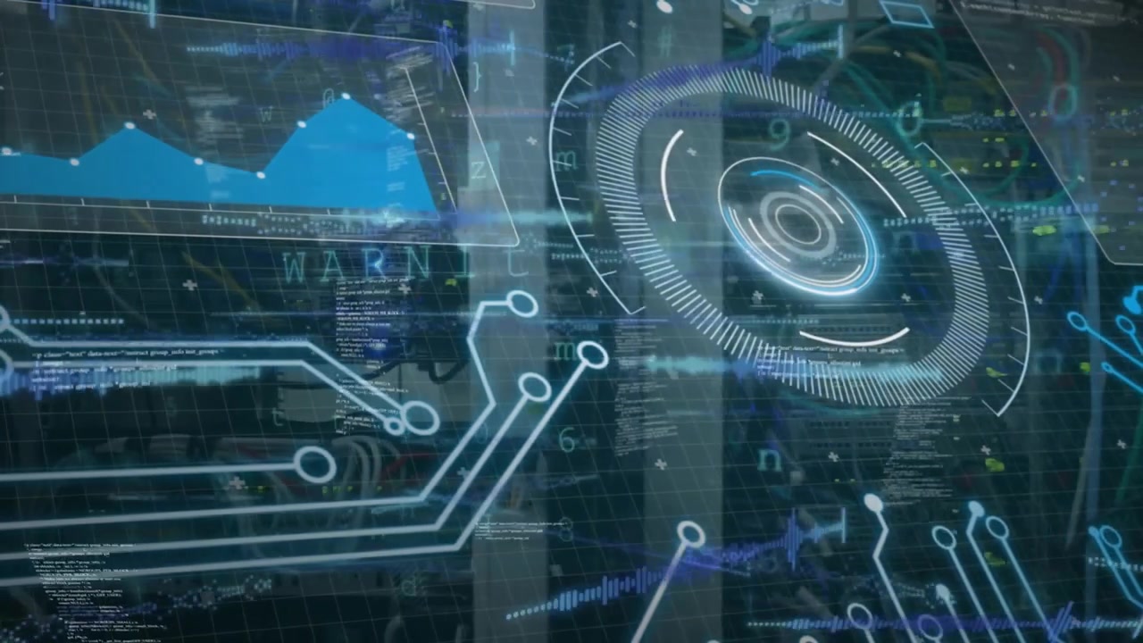 Animation of graph, circles, circuit board pattern, computer language over server room machine