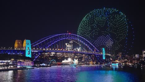 Welt---Drohnenlichtvorführung-Vor-Der-Sydney-Harbour-Bridge-Während-Des-Vivid-Light-Festivals-2023