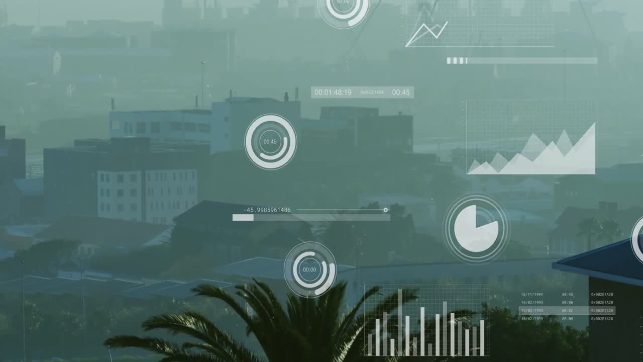 animación del procesamiento de datos financieros sobre el paisaje urbano