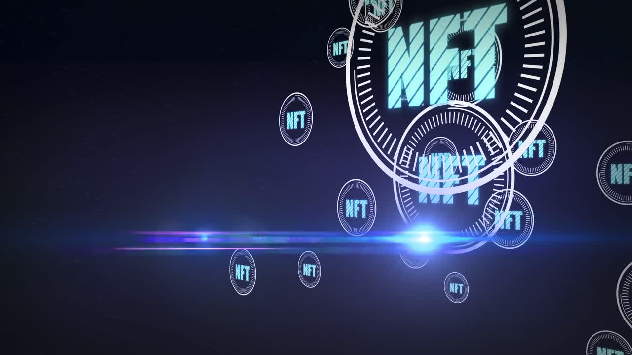Animation of nft cryptocurrency symbols moving on blue background