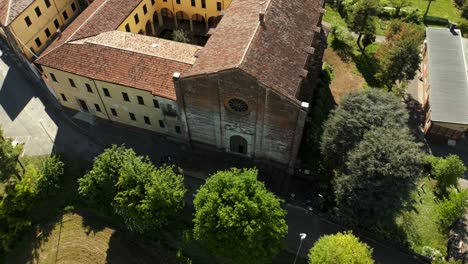 top view of chiesa santa maria delle grazie church in soncino, italy - drone shot