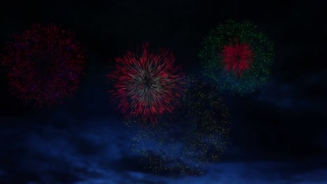 animación de coloridos fuegos artificiales de navidad y año nuevo que explotan en el cielo nocturno