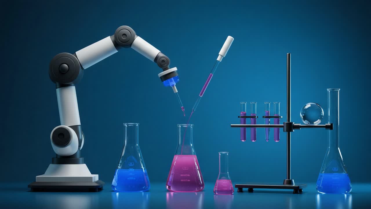 A Robotic Arm Conducting Chemical Experiments with Colorful Solutions in Laboratory Glassware, Showcasing Advanced Automation in Laboratory Settings