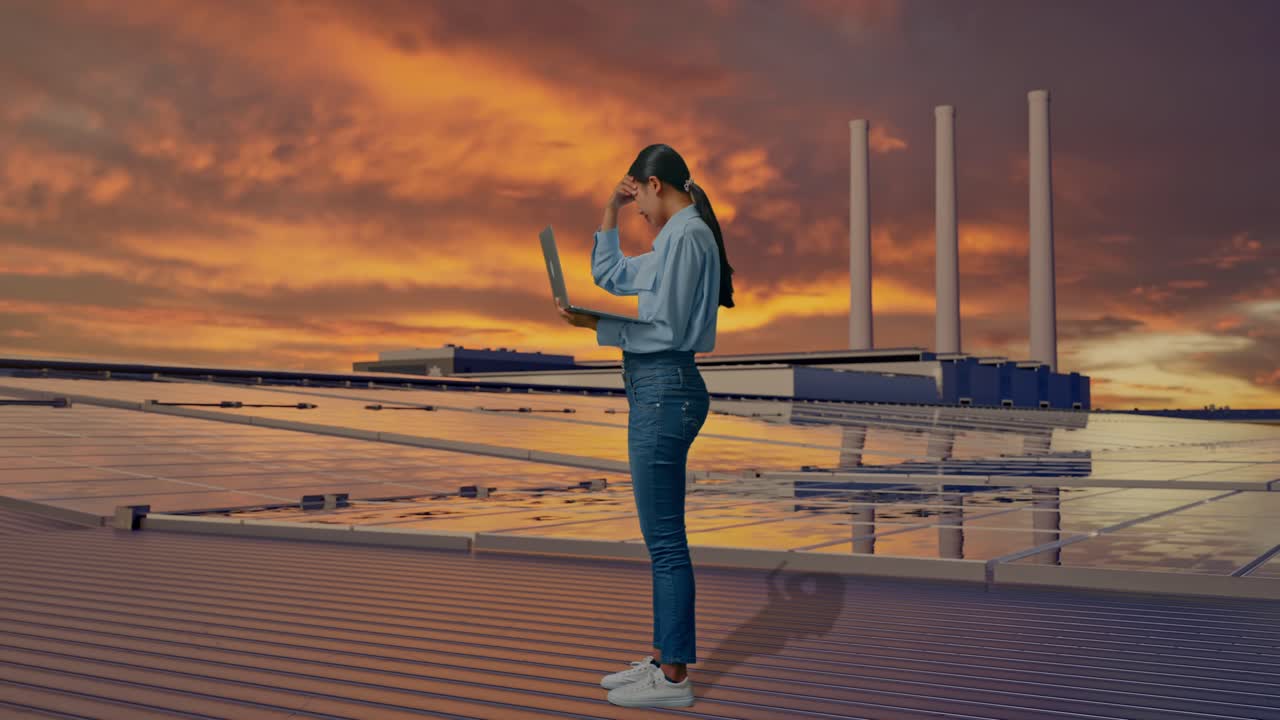 Vista laterale a figura intera di una donna asiatica con il suo laptop, che ispeziona pannelli solari su un tetto al tramonto, digita e, delusa, scuote la testa.