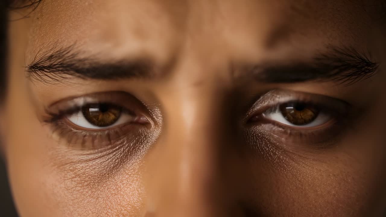 Opening eyes after blink male shifting gaze in studio closeup showing brown irises signaling strain