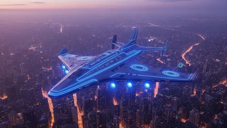 futuristic high-tech aircraft over cityscape: a stunning visual of an advanced aerodynamic design gliding through the twilight skyline of an urban metropolis