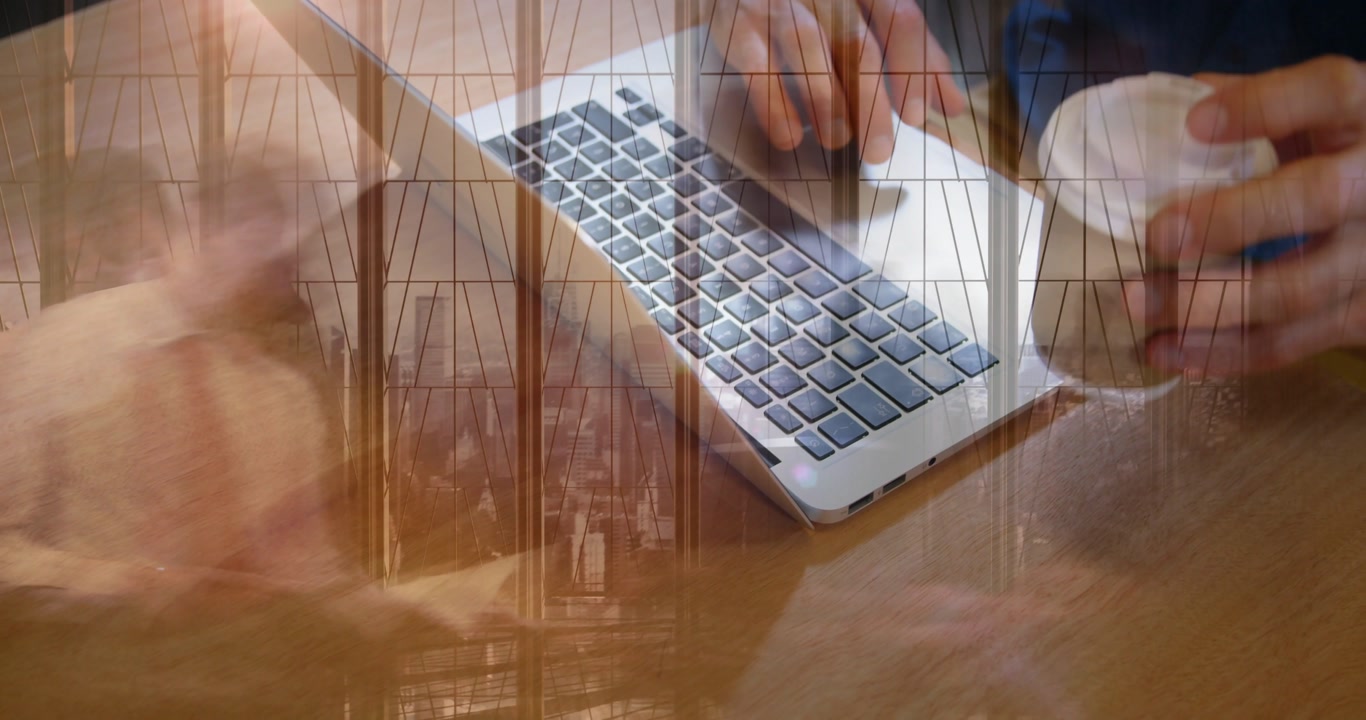 Male hands typing on laptop pad and reaching cup appearing adjusting lid architectural overlay tech