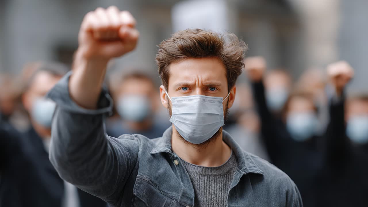 A determined individual stands out in a crowd, raising a fist in solidarity during a masked gathering, embodying resilience and hope in the quest for justice and change