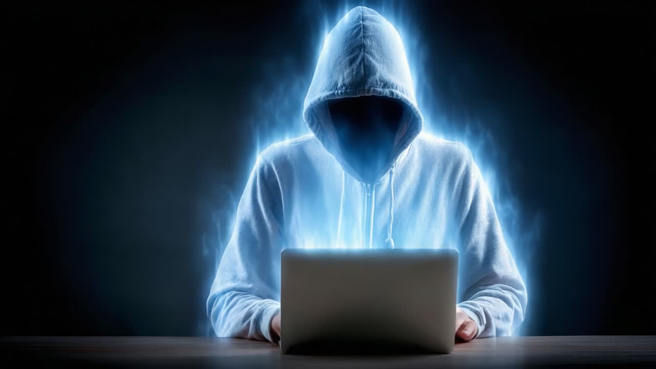 Mysterious Figure Engaged in Cyber Activities: A Haunting Digital Presence Emanating from a Hooded Persona Focused on the Laptop's Glow in an Enigmatic Atmosphere