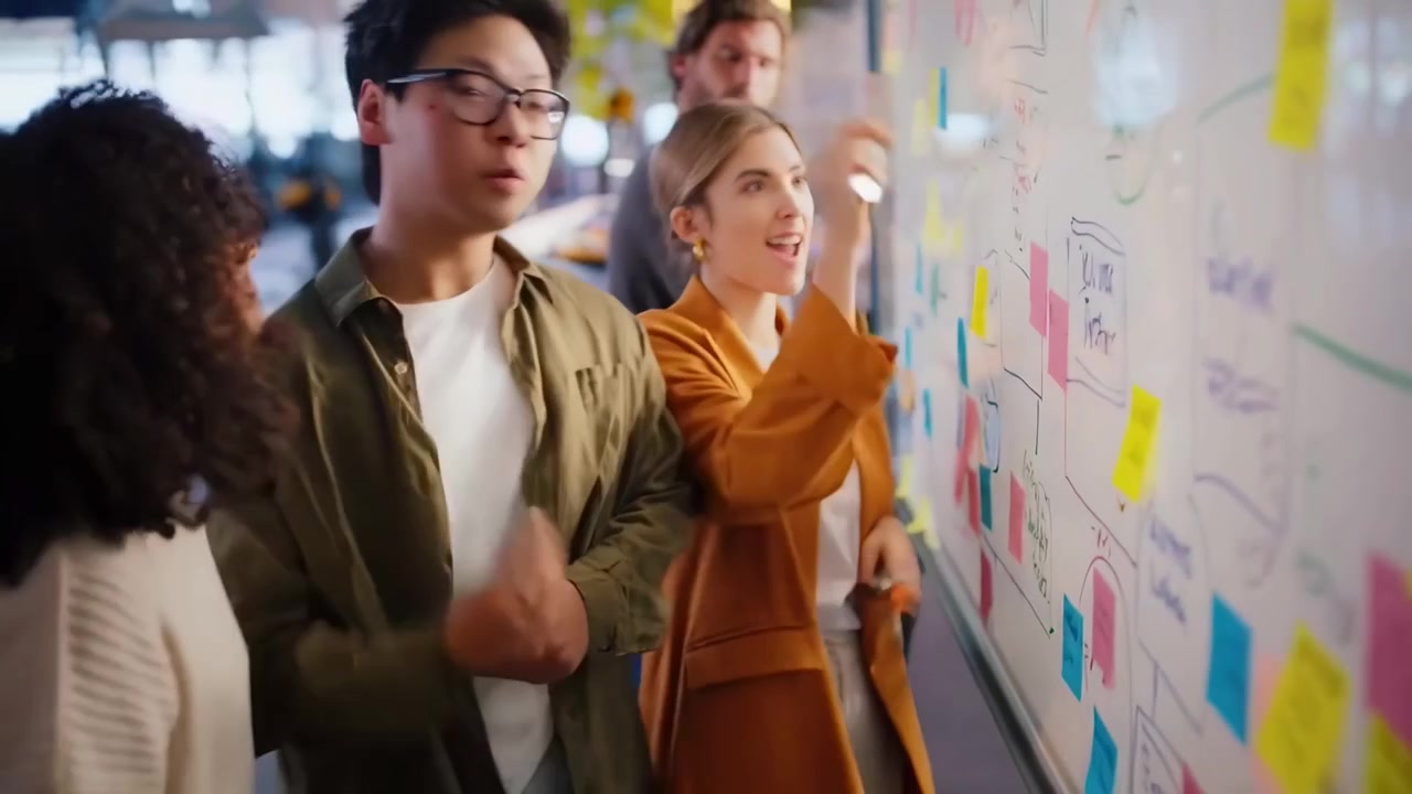 Diverse Business Team Brainstorming Ideas on Whiteboard in Modern Office